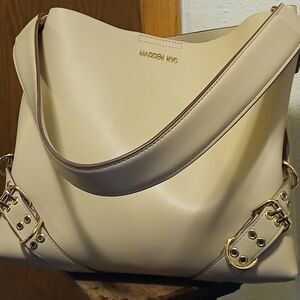 Madden NYC Cream Faux Leather Hobo Shoulder Bag Gold Buckle Accent Large Tote